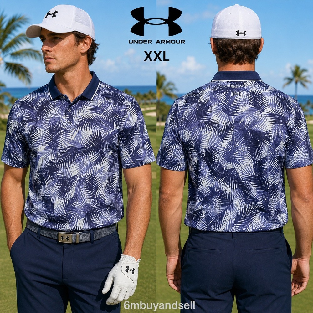 Under Armour Mens XXL Iso-Chill Golf Polo Shirt Blue Palm Tropical 1377367-410
